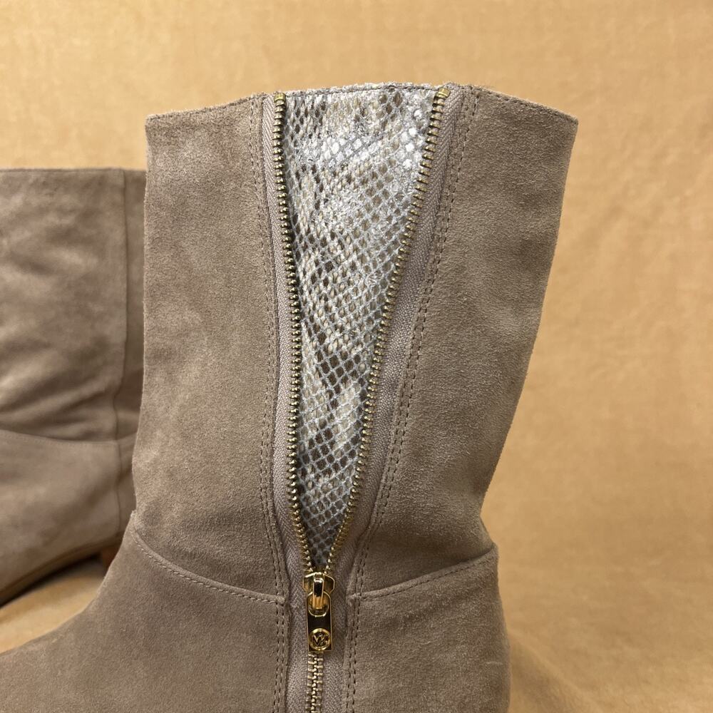 Michael Kors Tan Suede Booties With Peek A Boo Snake Skin Gold Zipper Sz 10 - Picture 3 of 9